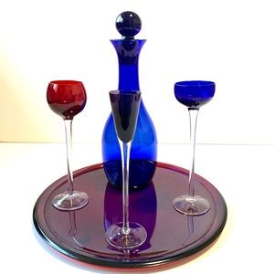 Cobalt Blue Glass Decanter Set and Serving Tray